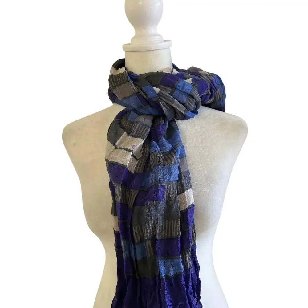 Banana Republic Silk Wool Scarf Purple Blue Geometric Crinkle Fringe Wrap Shawl
